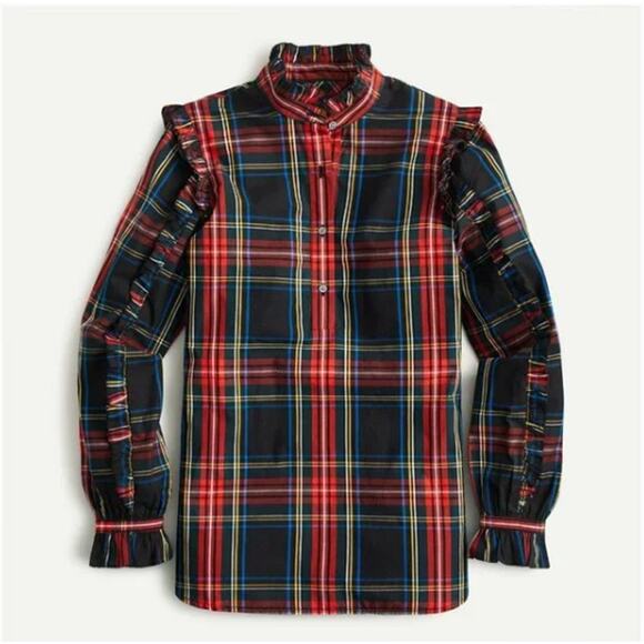 J. Crew Ruffle Popover Top in Stewart Plaid Size XS - Picture 2 of 9